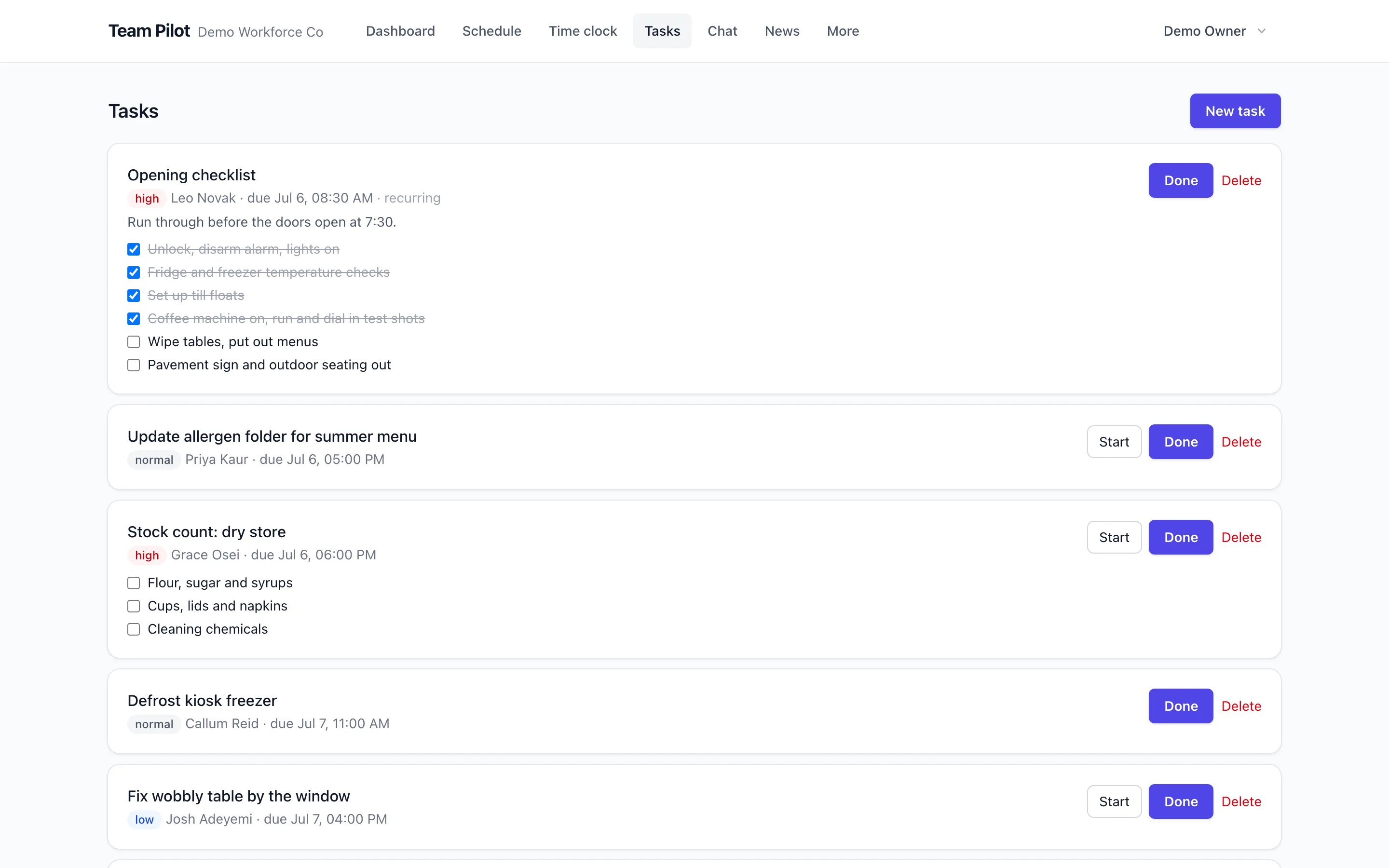 Recurring daily checklist with completed and pending steps