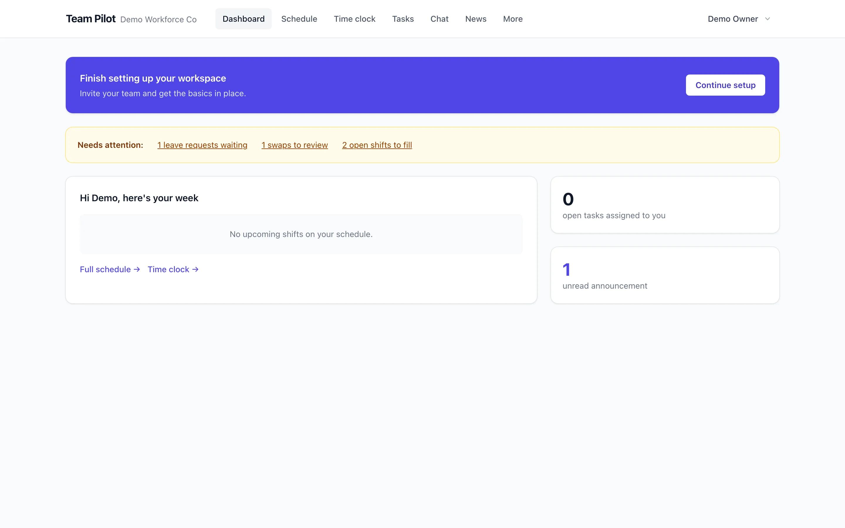Dashboard showing hours, labour cost and attendance metrics