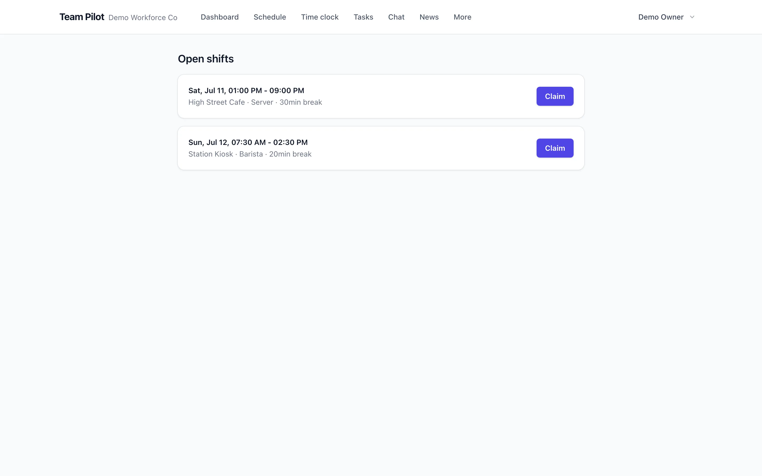 Open shifts list with claim buttons